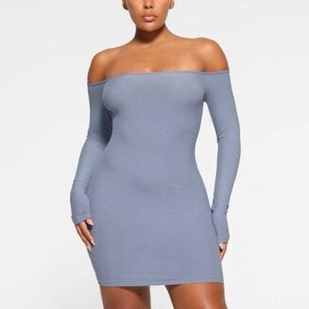 Skims Soft Lounge Off the Shoulder Mini Dress in Slate Blue
